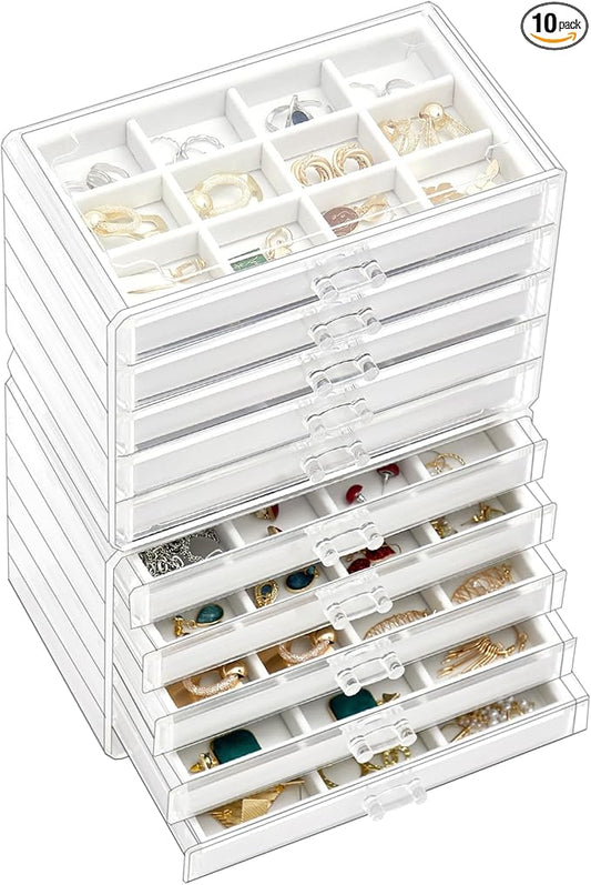 ProCase Earring Holder Organizer Jewelry Box with 10 Drawers, Acrylic Clear Earring Case with Adjustable Velvet Trays for Women - Warmwhite,10 Layers
