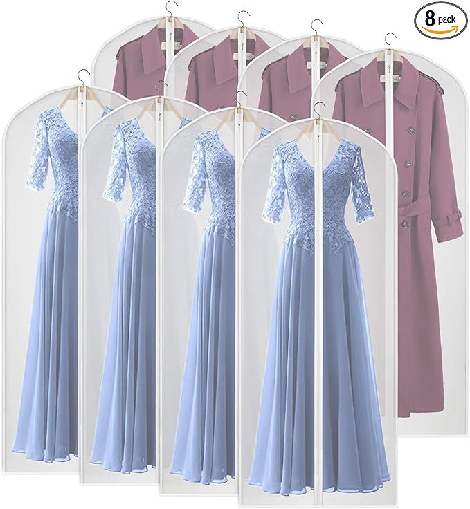 Kntiwiwo Clear Garment Bags for Closet Storage Suit Bag Set of 8 Hanging Clothes Cover Dress Bag Dust-Proof with Zipper for Suit, Coat, Long Dresses Clothes Storage 24â x60â