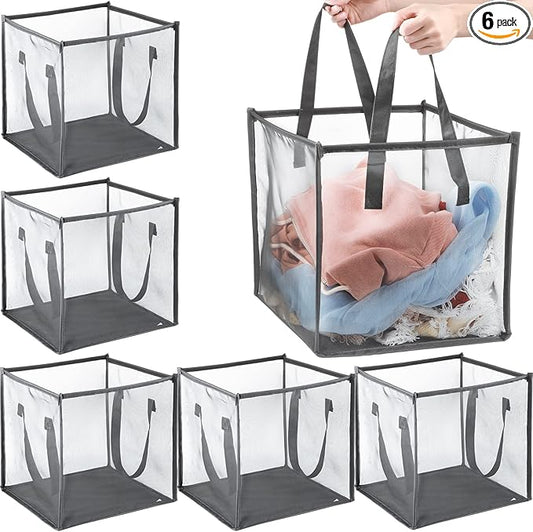 Zopeal 6 Pack Popup Laundry Hamper 13 Inch Collapsible Laundry Baskets with Handles Mesh Clothes Baskets Portable Single Layer Foldable Clothes Hamper Square Bin for Washing (Grey,Single-layer)