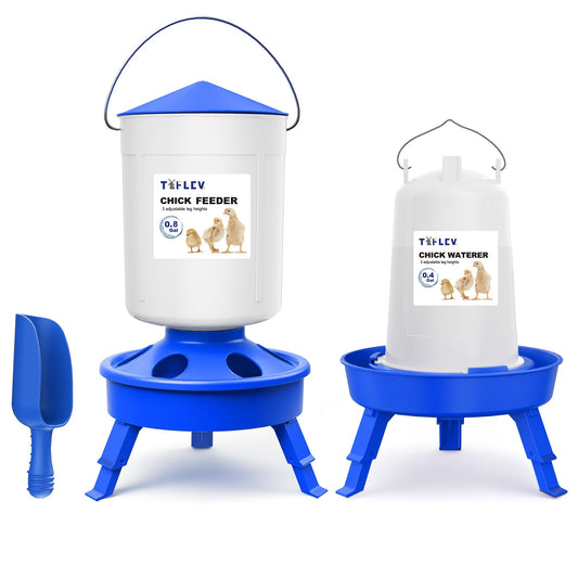 Tiflev Chick Feeder and Waterer Set with 3 Adjustable Height, Scoop, 0.8Gal Top Fill Chick Feeder and 0.4Gal Waterer Anti-Drown for Raising Chicks in Brooder Blue
