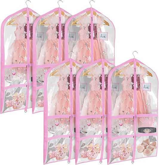 Univivi Clear Pink PVC Dance Costume Bags Garment Bag 40 Inch for Dance Competitions, with 4 Medium Clear Zipper Pockets and 1 Large Back Zippered Pocket [Upgraded Version] (40'' x 24'' 6 Pack)