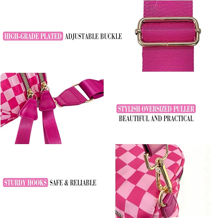 Checkered Crossbody Bag for Women, Spacious Sling & Stylish Bum Bag for Travel, Concerts, Festival, Nylon Fanny Pack Belt Bag (Colour Bum Bag-Rose Checkered)