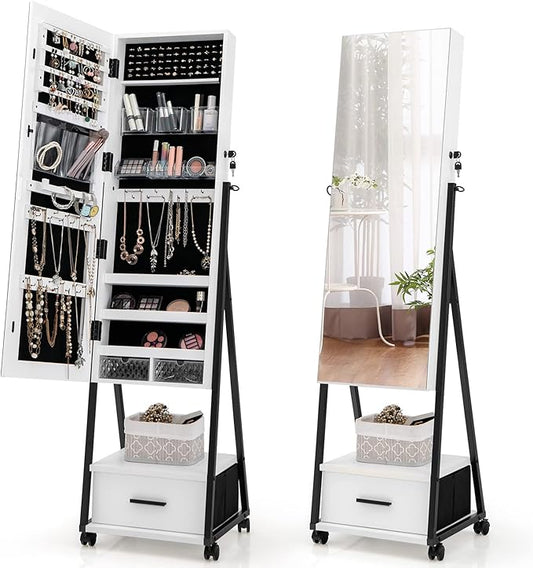CHARMAID Rolling Jewelry Cabinet with Full Length Mirror, Lockable Standing Jewelry Armoire with Wheels, Steel Legs, Lipstick Brush Storage, Jewelry Organizer Box with Drawers (White)
