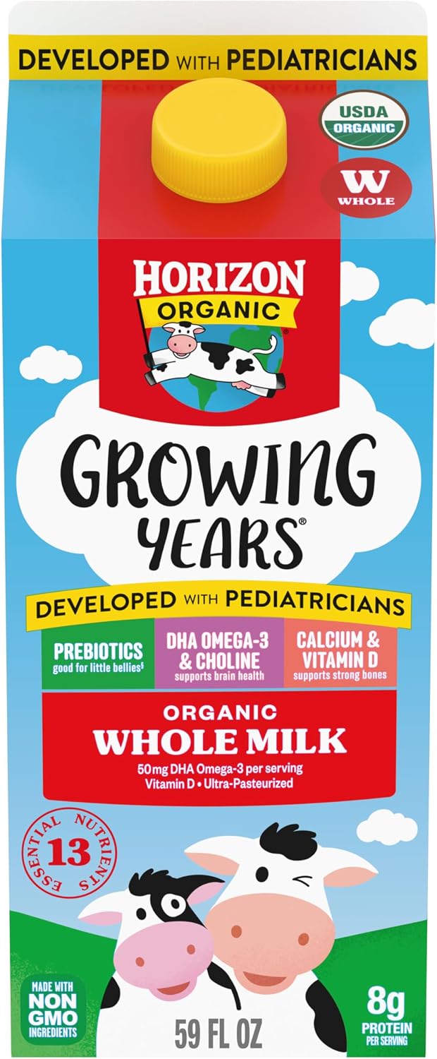Horizon Organic Growing Years Whole Milk, High Vitamin D Organic Milk for Growing Kids with DHA Omega-3, Choline, and Prebiotics, 59 fl oz Carton
