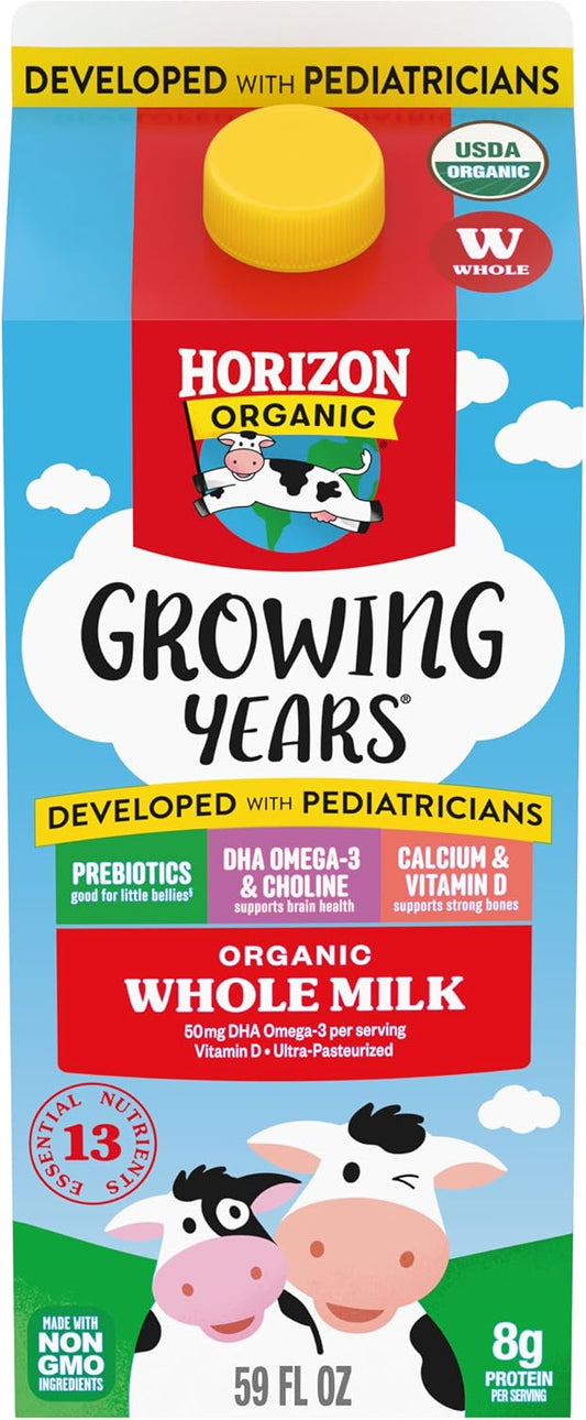 Horizon Organic Growing Years Whole Milk, High Vitamin D Organic Milk for Growing Kids with DHA Omega-3, Choline, and Prebiotics, 59 fl oz Carton