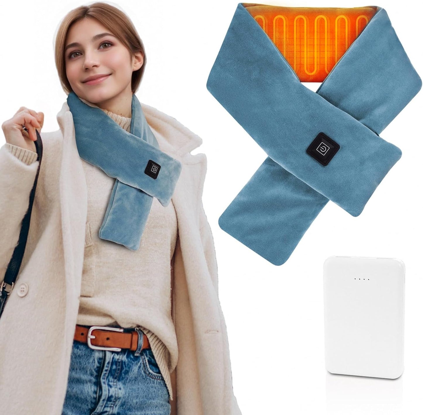 Girasol Heated Neck Wrap Heated Scarf for Neck Pain Relief, Neck Heating Pad with 5000mAh Power Bank, Cordless Thermal Neck Brace Electric Heated Neck Warmer with 3 Heating Levels (Blue)
