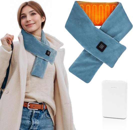 Girasol Heated Neck Wrap Heated Scarf for Neck Pain Relief, Neck Heating Pad with 5000mAh Power Bank, Cordless Thermal Neck Brace Electric Heated Neck Warmer with 3 Heating Levels (Blue)