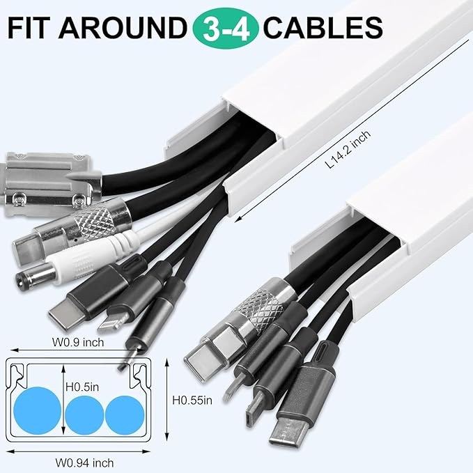 Rindion Cord Hider, 85.2in TV Cable Hider, Cord Covers for Wires on Wall, Self-Adhesive Wire Hider for TV on Wall Cable Management, 6 x L14.2 x W0.94x H0.55in - White