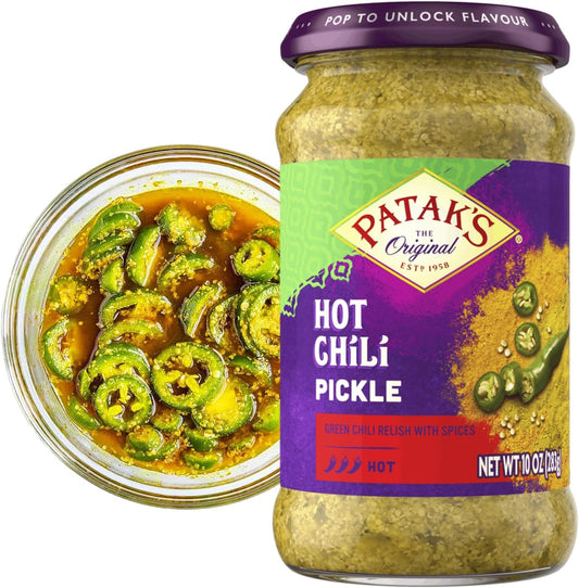 Patak's Hot Chile Pickle, Authentic Indian Relish with Green Chiles, Mustard Seeds & Aromatic Spices, Perfect for Sandwiches, Curries, Salads & Cold Meats, Vegan Spicy, 10 oz Jar