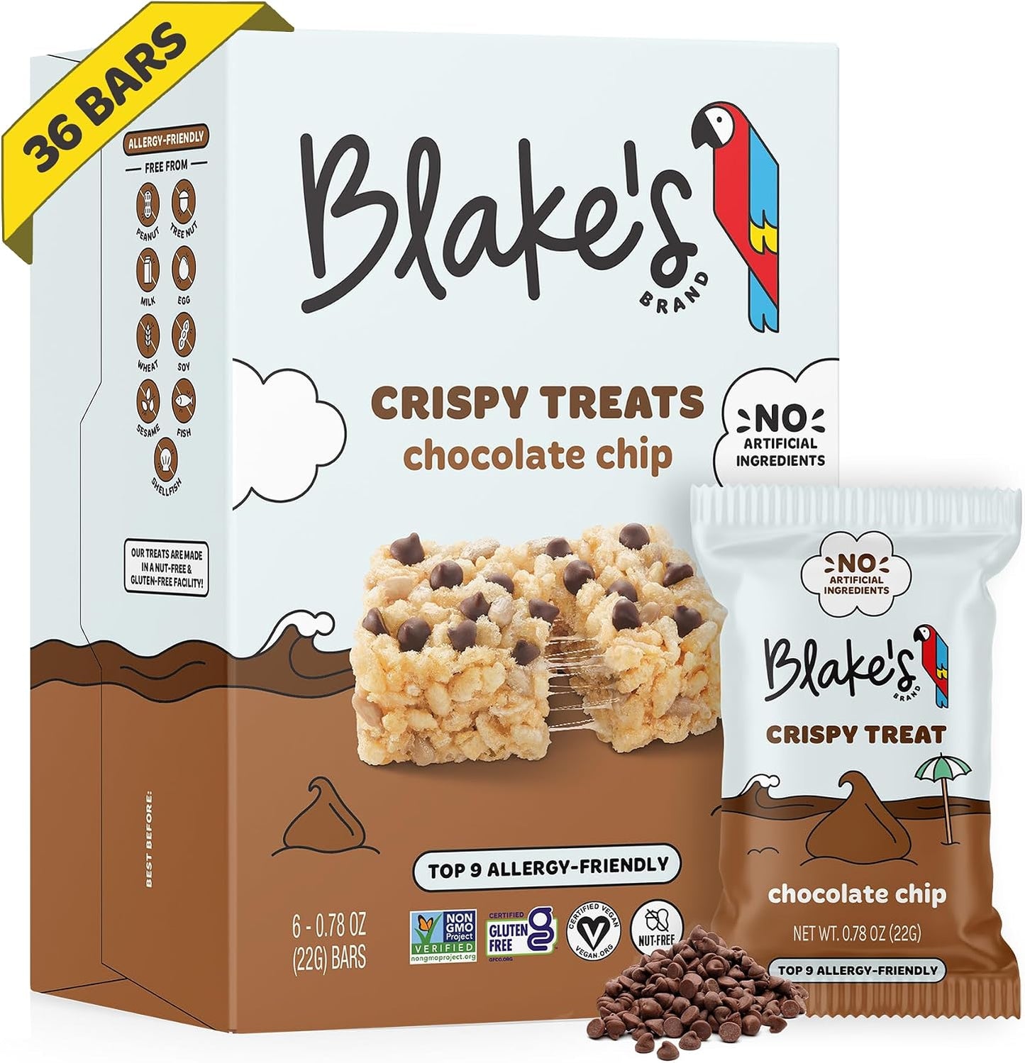 Blake’s Crispy Treats – Chocolate Chip (36 Count), Nut Free, Gluten Free, Dairy Free & Vegan, Healthy Snacks for Kids or Adults, School Friendly, Low Calorie Soy Free Snack