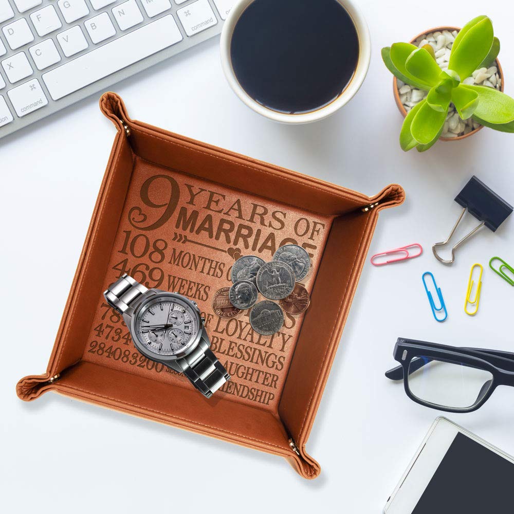 KATE POSH 9 Years of Marriage Engraved Leather Catchall Valet Tray, Our 9th Wedding Anniversary, 9 Years as Husband & Wife, Gifts for Her, for Him, for Couples (Rawhide)