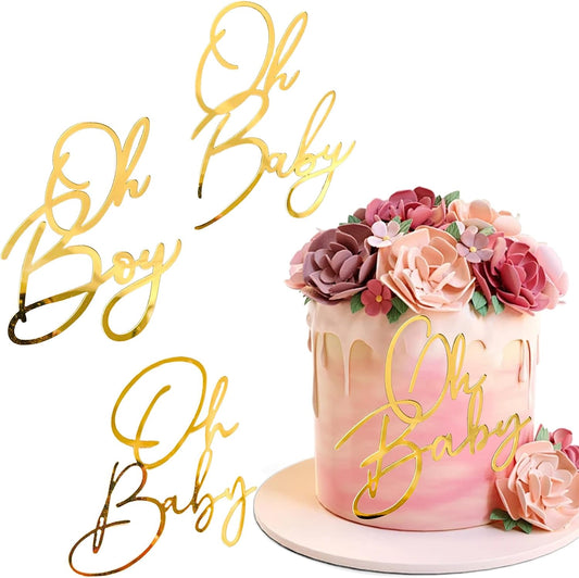 4 Pcs Oh Baby Cake Topper,Gold Acrylic Oh Baby Cake Topper for Celebrating Baby Shower Kids Birthday Party Decoration Supplies