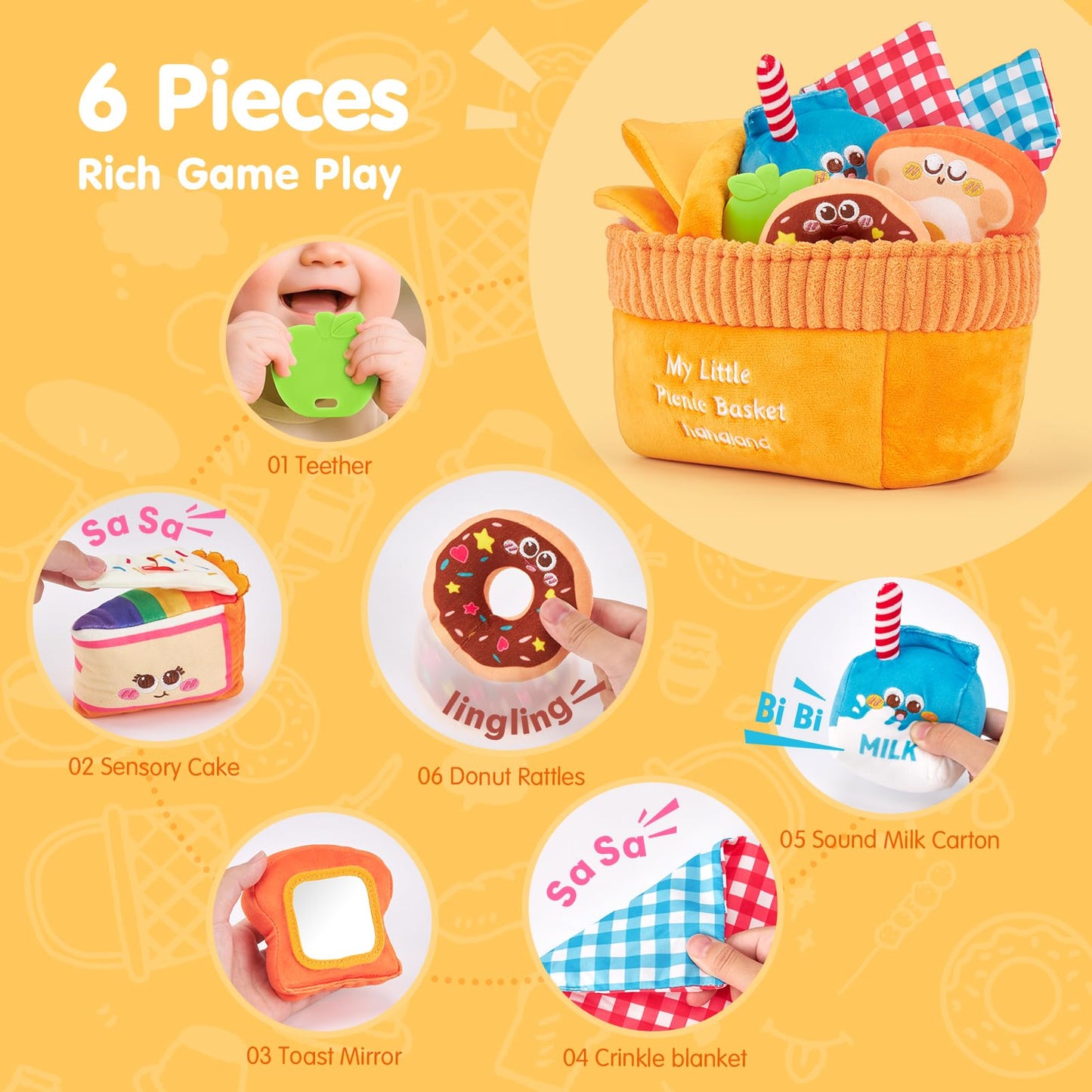 Hahaland Baby Toys 6-12 Months – Picnic Basket Sensory Toy with Crinkle, Rattles, Teether & Mirror, Montessori Play Food Plush for Early Development, Birthday Gifts for 1+ Years Boys & Girls