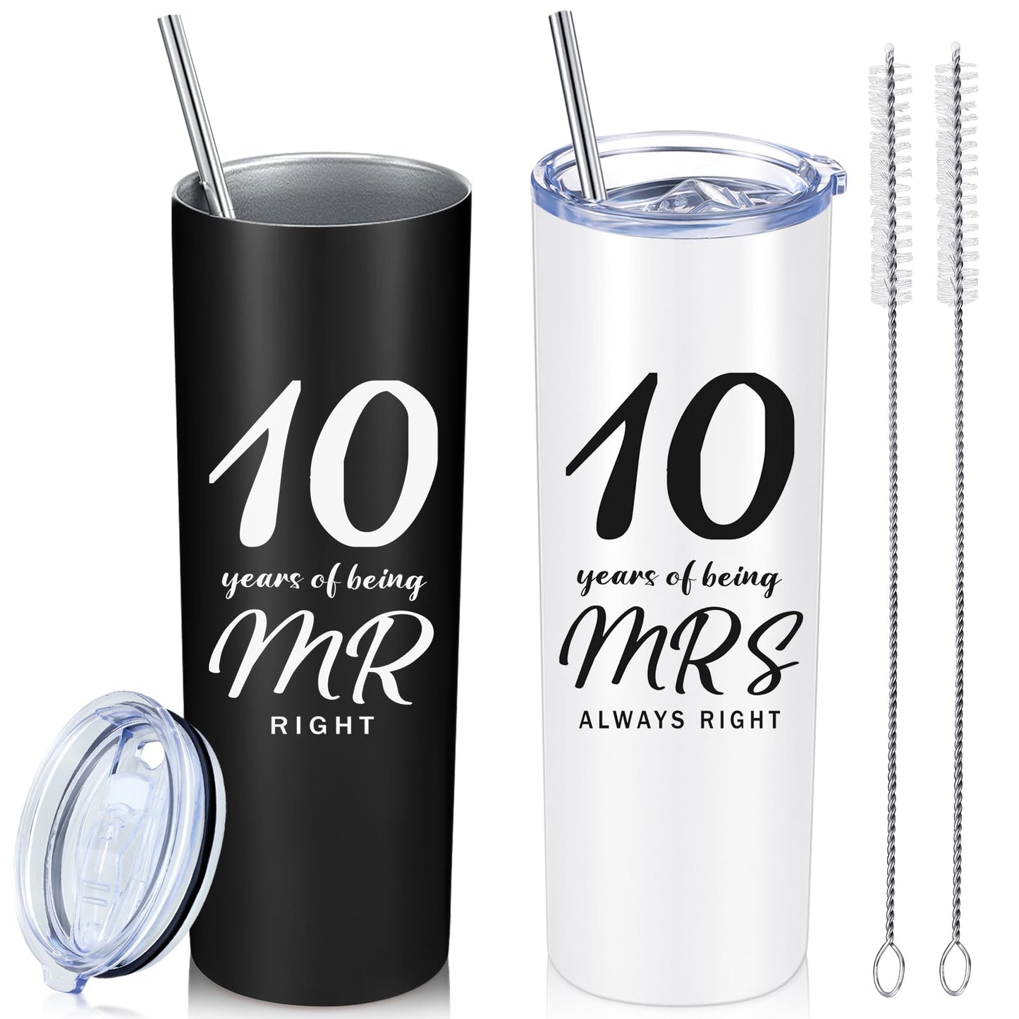 Cunhill 2 Pcs Mr. Right Mrs. Always Right Travel Tumbler Set 20 oz Wedding Engagement Anniversary Travel Mug for Husband Wife Newlywed Couples Bride Groom Anniversary(10th Straight)