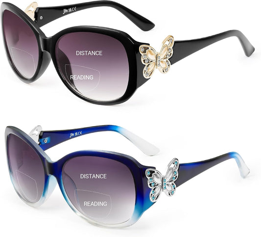 JM 2 Pack Bifocal Reading Sunglasses for Women Fashion Oversized Square Sun Readers Outdoor Reading Glasses UV400 Protection, Black & Clear Blue +2.0
