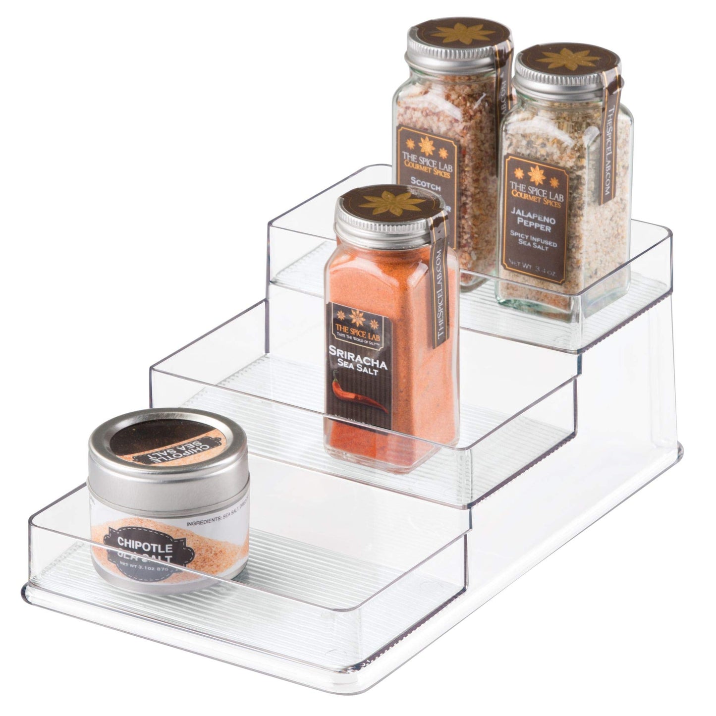 iDesign Recycled Plastic 3-Tier Stadium Spice Rack Organizer for Kitchen, Fridge, Freezer, Pantry and Cabinet Organization, The Linus Collection â 6.25" x 4" x 1.25", Clear