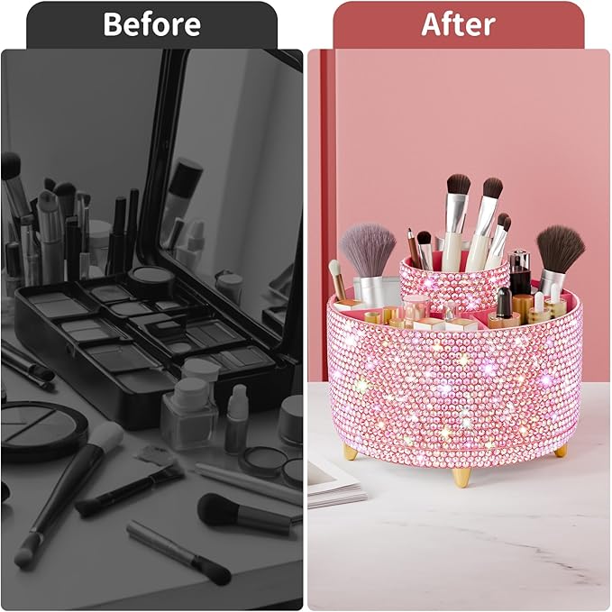 fanado Bling 360° Rotate Makeup Brush Holder Organizer, Makeup Organizers Countertop, Makeup organization and Skincare Storage for Vanity, Gift for Women Girls (Bling dz-Pink)