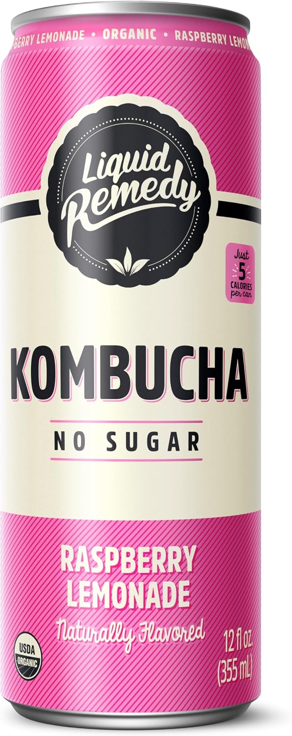 Liquid Remedy Kombucha Sugar Free Organic Drink, Low Calorie, Probiotic Like Tea for Gut Health - Raspberry Lemonade - 12 Fl Oz Can