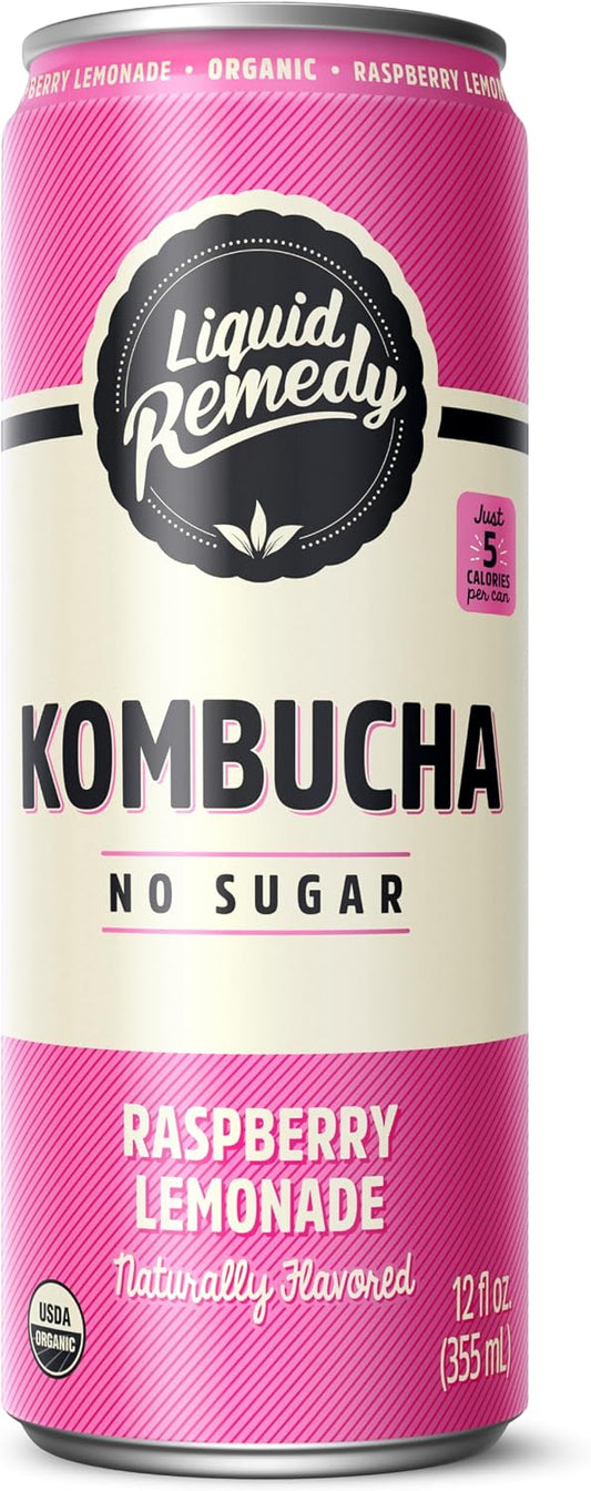 Liquid Remedy Kombucha Sugar Free Organic Drink, Low Calorie, Probiotic Like Tea for Gut Health - Raspberry Lemonade - 12 Fl Oz Can