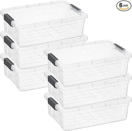 Superio 6 Pack Clear Plastic Storage Container with Lid Home - 13.7 Qt, Office Organizer Storage Bin, Stackable, For Closet, Under the Bed, or Locker, Use for Clothes, Food, Toys, Supplies, Linen.