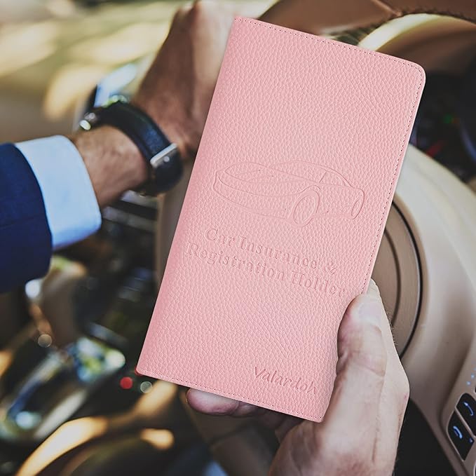 Valardoh Premium Car Registration and Insurance Card Holder, Car Document Holder for Cards, Driver License & other Essential Documents (Pink)