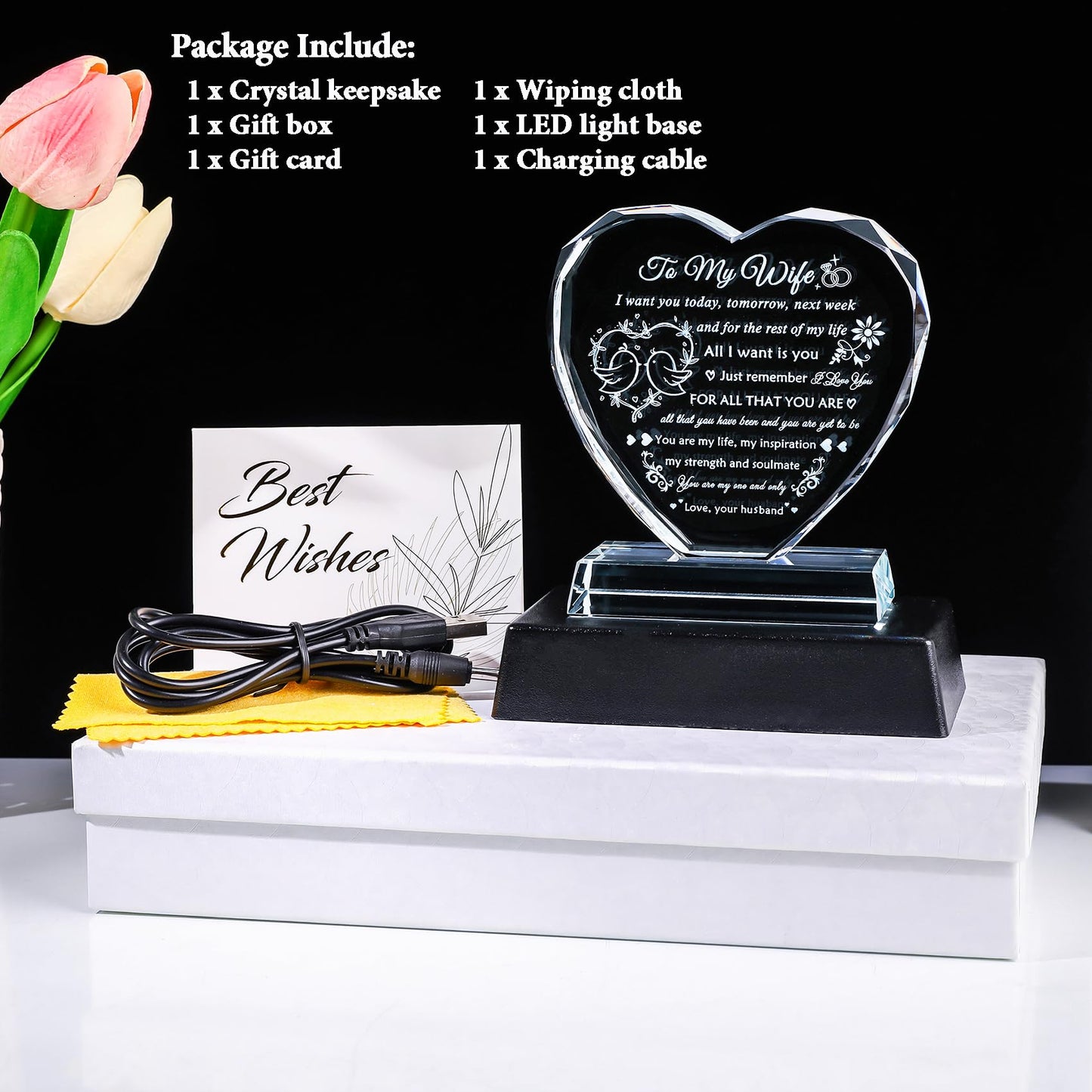 YWHL Gifts for Wife from Husband Birthday Gifts for Wife Crystal Keepsake Anniversary Present with Colorful LED Base Romantic I Love You Gift for Her on Valentines Mothers Day Christmas