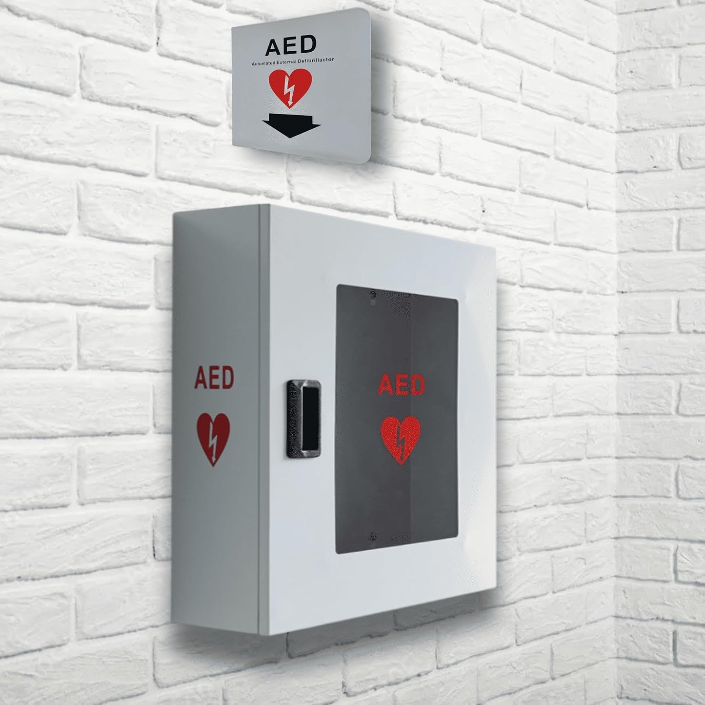 ISOP AED Storage - AED Cabinet Gray + Sign | Wall-Mounted Box | Aluminium Outdoor Indoor Defribillator Cabinet - Survival Kit | Emergency Equipment | Wall Mounted Rescue Equipment | Caja para DAE