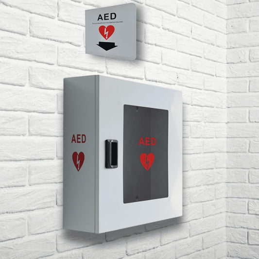 ISOP AED Storage - AED Cabinet Gray + Sign | Wall-Mounted Box | Aluminium Outdoor Indoor Defribillator Cabinet - Survival Kit | Emergency Equipment | Wall Mounted Rescue Equipment | Caja para DAE