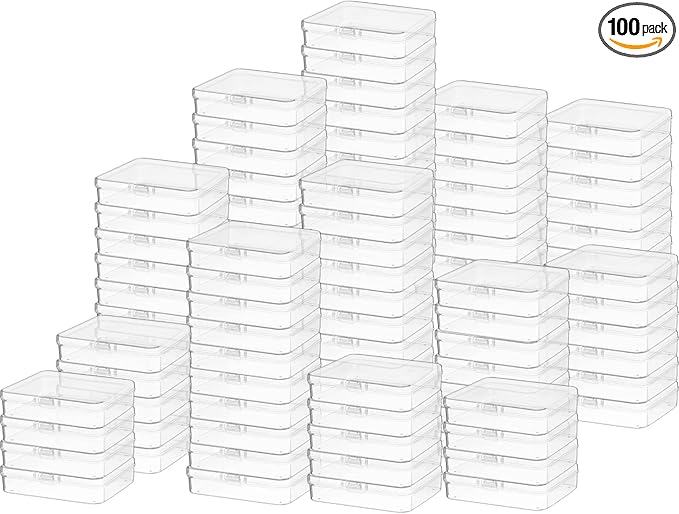 SATINIOR 100 Pcs Clear Plastic Beads Storage Containers Box Small Clear Boxes with Hinged Lid Plastic Case Mini Square Arts Crafts Storage Organizers for Small Items(4.45 x 3.3 x 1.14 Inch)