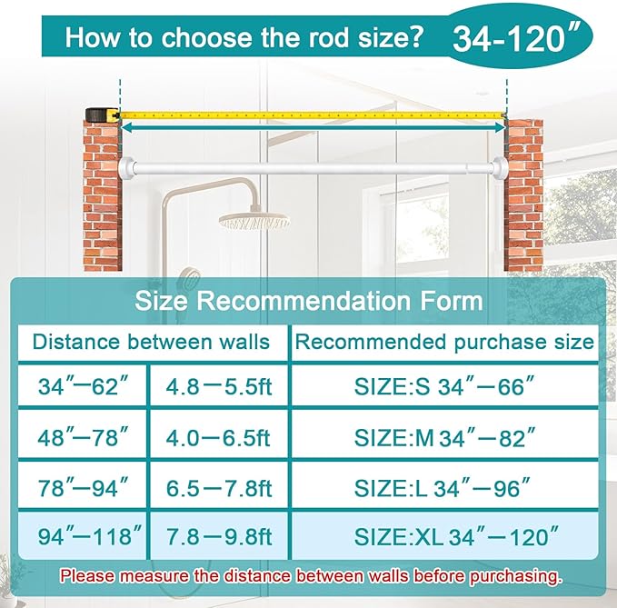 Tension Curtain Rod 36-120In(3-10Ft) with 2 Rod Holders, No Drilling Never Rust Long Shower Curtain Rod, Adjustable Spring Curtain Rod for Large Window or Outdoor Patio, Stainless steel, White