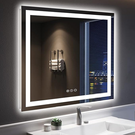 36x36 Inch LED Bathroom Mirror with Lights Front and Backlit Lighted Vanity Mirror for Bathroom Wall with 3 Colors Dimmable Anti-Fog Memory Shatter-Proof IP54 Waterproof Horizontal/Vertical