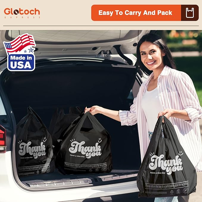 Glotoch 10000 (10K) Count Plastic Thank You T-shirt Bags Black, 11.5 x 6.5 x 21" Grocery Shopping Bag with Handles for Restaurant, Retail, Togo, Takeout, Convenience Stores, in Bulk for Small Business