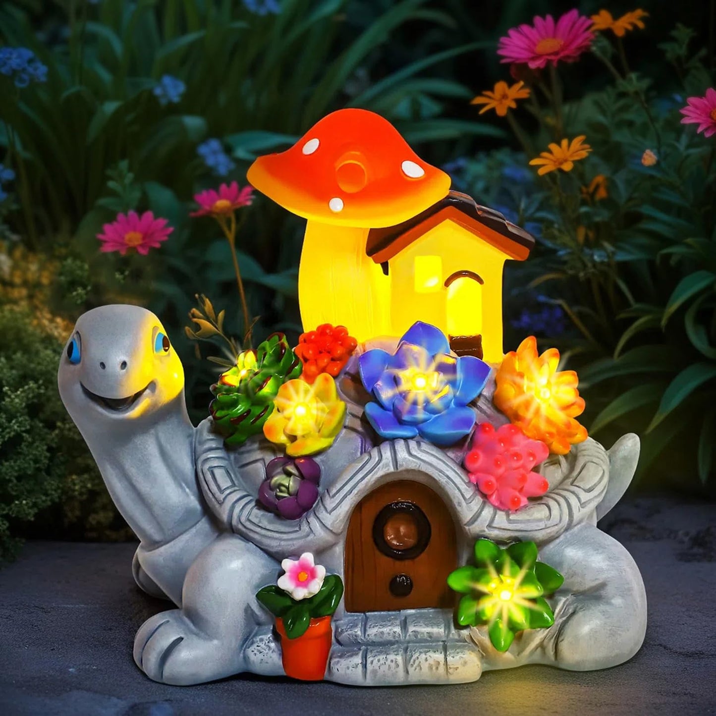 Cikoube Solar Garden Turtle Statues with Succulentss and 7 LED Lights, Outdoor Garden Decor Turtle Figurine for Yard Lawn Patio Balcony Porch, Unique Birthday Gifts Housewarming for Mom Women