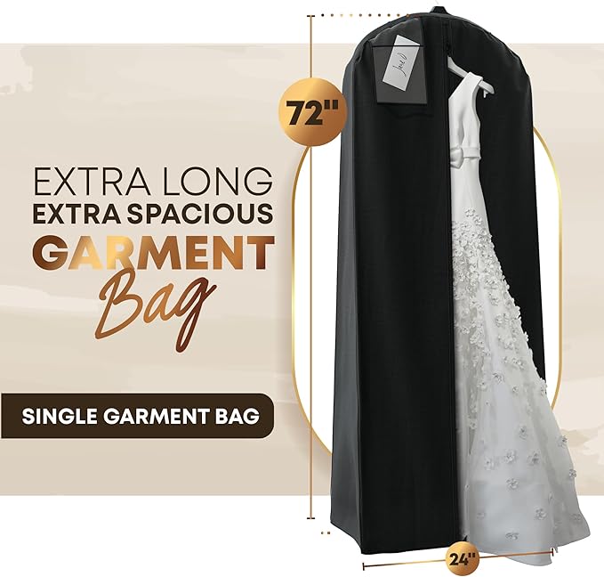 Your Bags Wedding Dress Garment Bag - 72" Garment Bags for Hanging Clothes with 20" Gusset for Puffy Gowns - Durable Dress Cover for Travel or Storage - Rip-Resistant with ID Window - Black