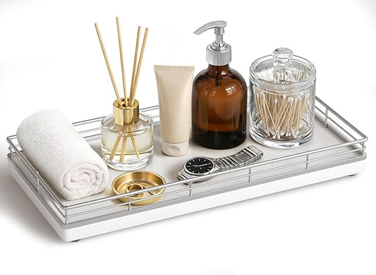 Bathroom Vanity Tray â 12" x 6" Oak Decorative Wooden Tray for Toilet Tank Organizer Wood Tray for Bathroom Countertop, Soap, Perfume & Accessories Storage, Vanity Dresser Decor, Sliver & White