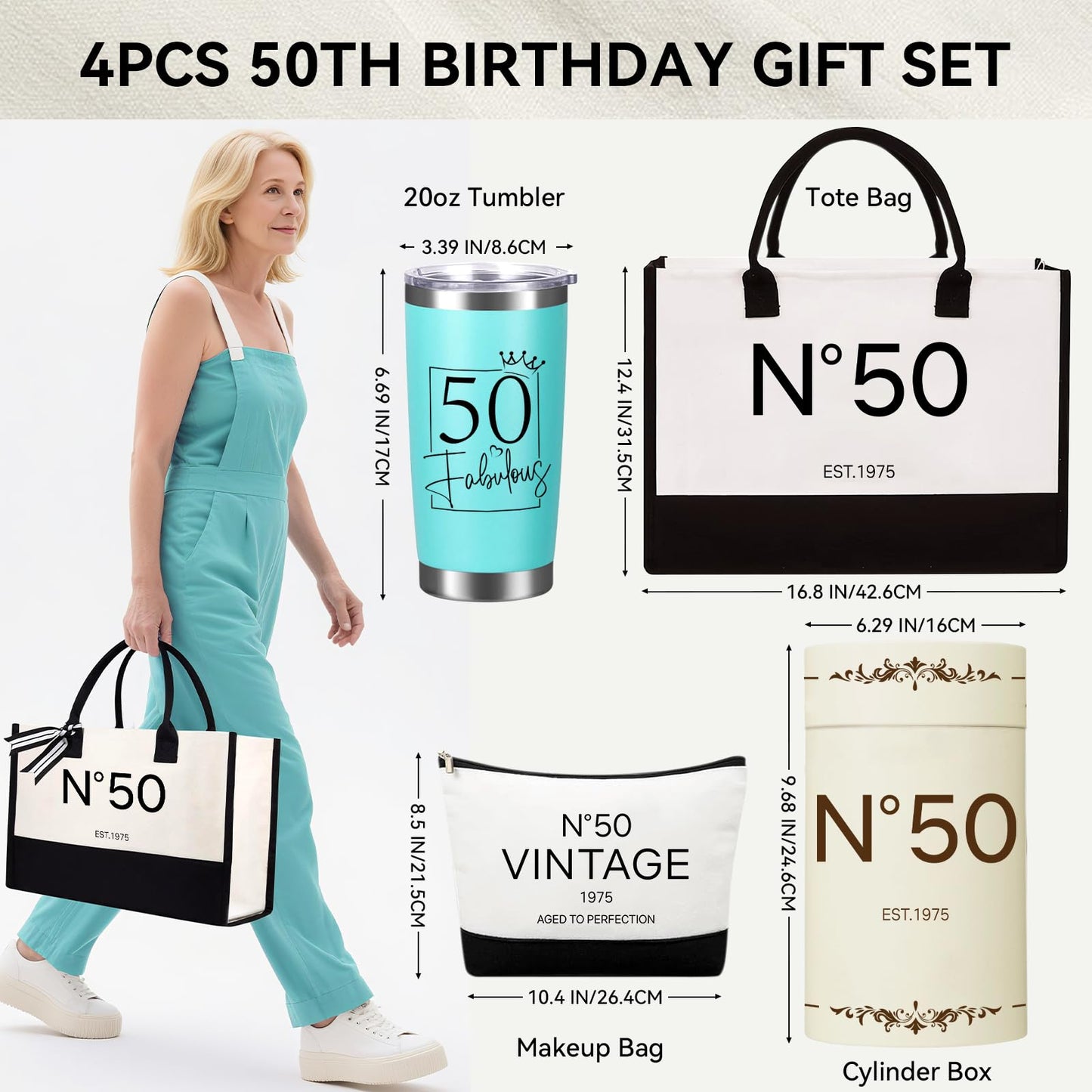 50th Birthday Gift Set for Women Her – No.50 Vintage 1975 Tote Bag, Makeup Bag & 20oz Tumbler – Elegant Birthday Present for 50th Years Old Mom, Wife, Sister, Friends