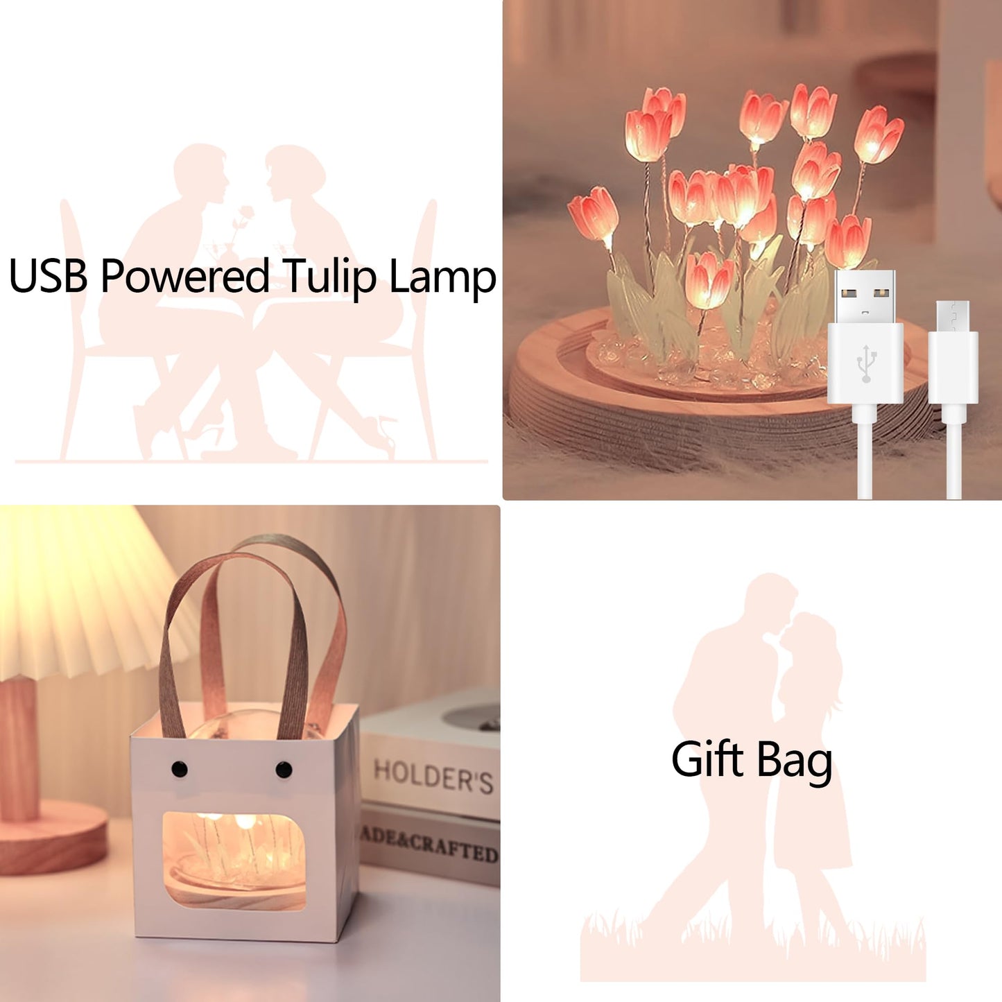 ONXE Birthday Flower Gifts for Mom,Tulips Night Light Small Glass Flower Lamp with Wooden Base for Home Decor Romantic Unique Christmas Gift for Women Girlfriend Sister Grandma Wife Her