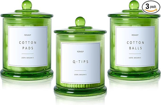 3 Pack Green Qtip Holder Dispenser, 16oz Bathroom Organizer and Storage Canisters, Glass Apothecary Jars with Lid - Home Decor, Room Decor Aesthetic