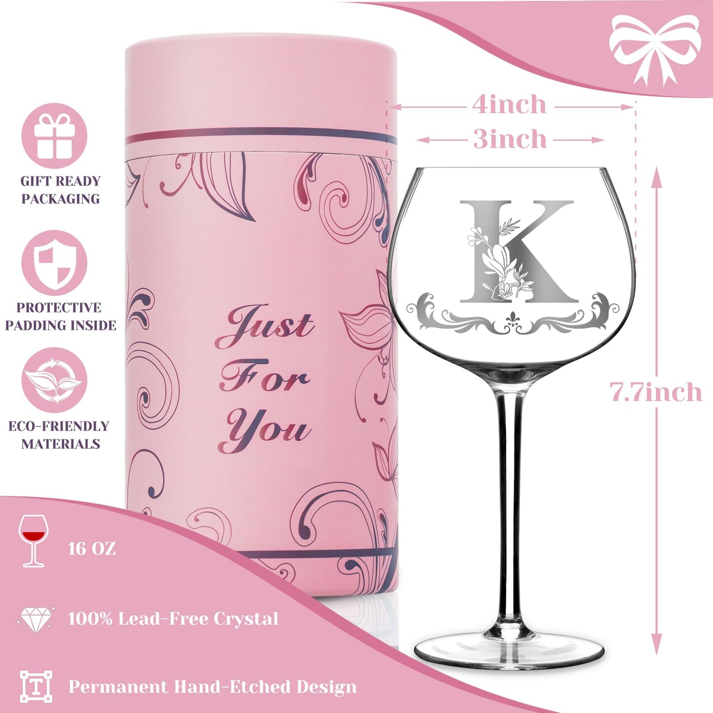 Personalized Monogram Gifts for Women - Customized Initial A-Z Wine Glass, Unique Birthday Christmas Gifts for Her, Mom, Wife, Sister, Daughter, Friend (Letter K)