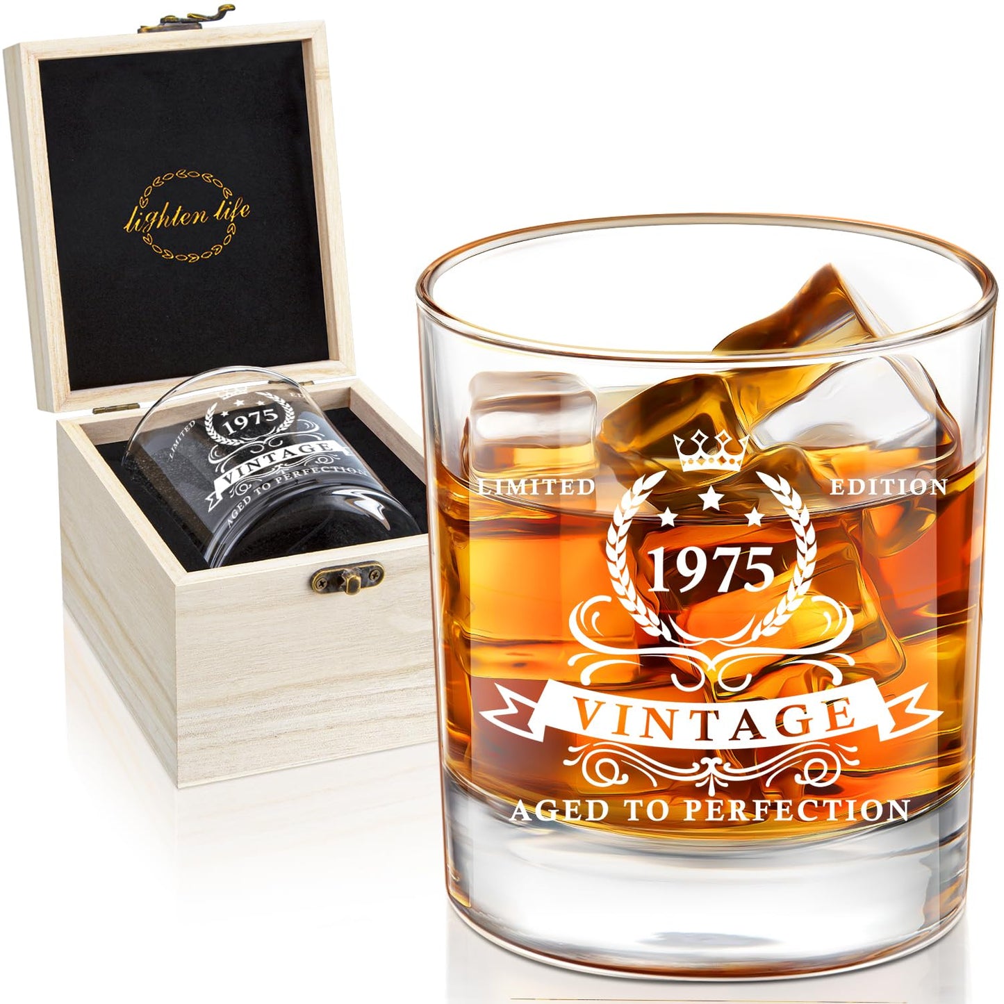 LIGHTEN LIFE 50th Birthday Gifts for Men 12 oz,1975 Whiskey Glass in Valued Wooden Box,50th Birthday Bourbon Glass for 50 Years Old Dad,Husband,Friend
