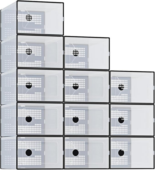 DUMOS Clear Shoe Storage Boxes, 12-Pack Plastic Stackable Shoe Containers with Lids, Display Sneaker Case Organizer for Closet, Under Bed, Entryway,Black (Fit Size 9)