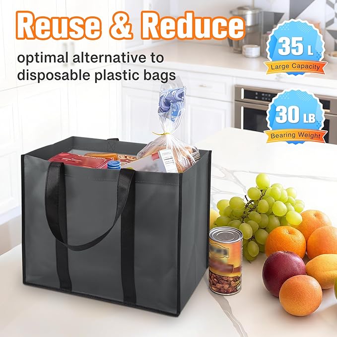 WISELIFE Reusable Grocery Bags with Handles - 6 Pack, 35L Large Shopping Bags for Groceries, Water-Resistant & Foldable Grocery Totes for Lasting Use for Kitchen, Market, Car Trunk, Picnic (Gray)