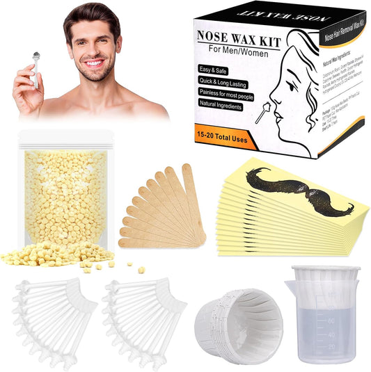 Nose Wax Kit for Men Women, Yovanpur Nose Hair Waxing Kit with 100g Nose Hair Wax Beads (15-20 USES), 20 Applicator, 15 Mustache Protector, 10 Paper Cups, 1 Measuring Cup - Easy, Quick and Painless