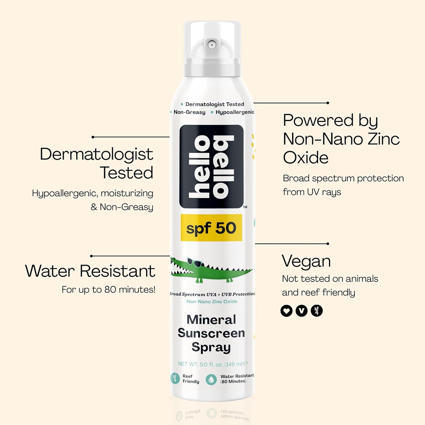 Hello Bello SPF 50 Mineral Sunscreen Spray - Hypoallergenic Broad Spectrum UVA + UVB Protection - Reef Friendly & Water Resistant - 5 oz (Pack of 2)