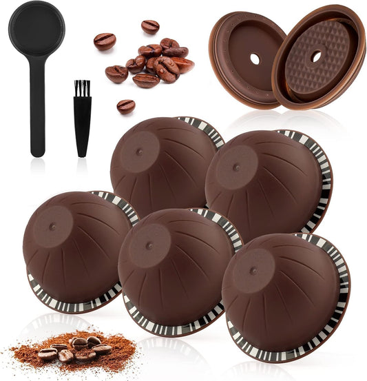 Nespresso Vertuoline Refillable Coffee Pods - 5pcs with 2 Silicone Lids, Scoop, Brush