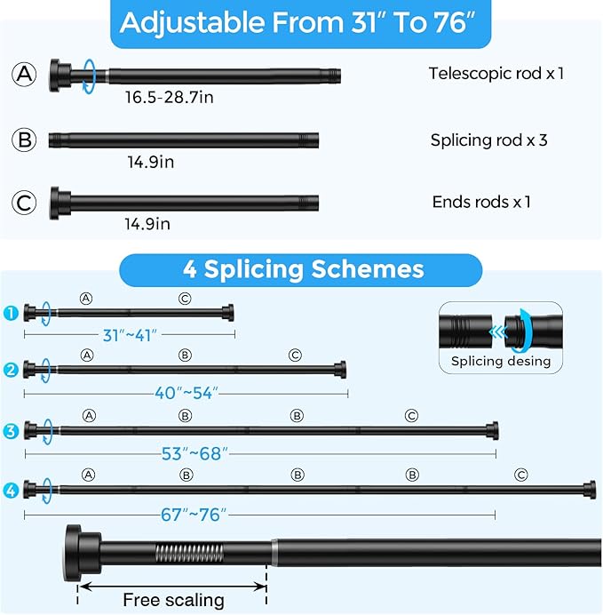 Shower Curtain Rod 31-76 Inch,7/8"Diameter Adjustable Spring Tension Curtain Rod No Drill,Matte Black Shower Tension Rod for Bathroom,Room Divider,Window,Anti-Rust Non-Slip 1-Pack
