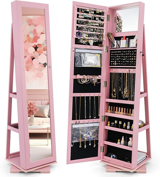 CHARMAID 360Â° Swivel Jewelry Armoire with Full Length Mirror, Standing Lockable Jewelry Cabinet Organizer, Large Storage Capacity, Inside Makeup Mirror, Back Storage Shelves (Pink)