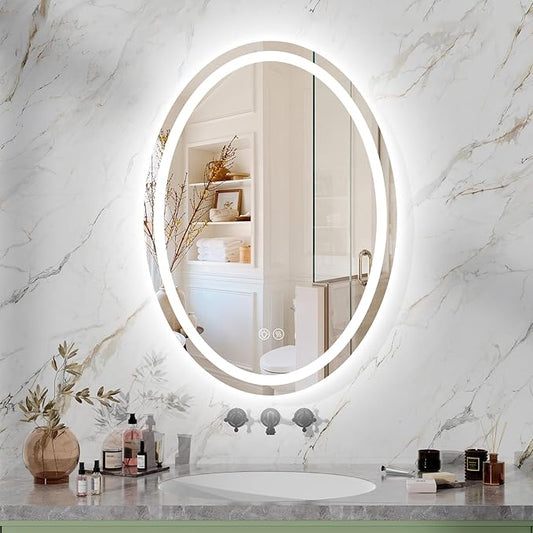 28''x20'' Oval LED Bathroom Mirror with Lights, Anti-Fog, 3 Colors Temperature & Dimmable, Lighted Mirrors for Bathroom Wall with Memory Function