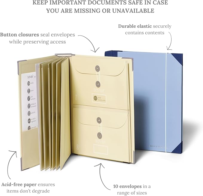 The Folio® If I Die Binder Organizer by Savor | Acid-Free Document Organizer with Labels, 10 Pockets for Birth Certificates, Wills, Investment Plans | Mother’s Day Gift for Moms (Blue)