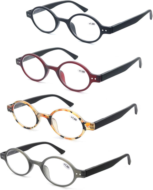 MODFANS 4 Pack Round 1.5 Reading Glasses Women Men,Retro Matte Frame Comfortable Spring Hinge-Lightweightest Readers Suitable Wear well-4 Pouch with Each Area